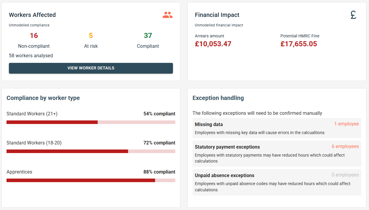 Fair Work Solutions NMW compliance dashboard showing worker compliance status and risk analysis